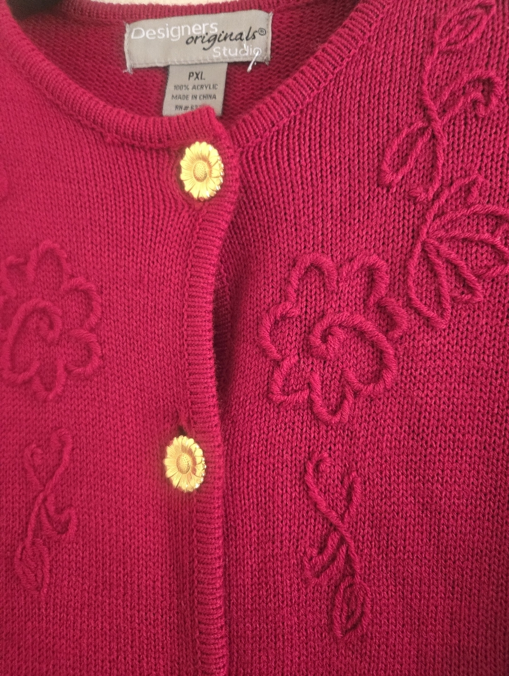Designers Originals Bright Red Floral-Appliqué Cardigan with Sunflower Buttons